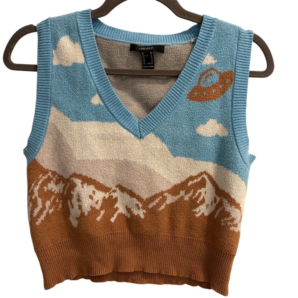 Forever 21 Sky Blue Cream and Brown Mountain & UFO Knit Vest